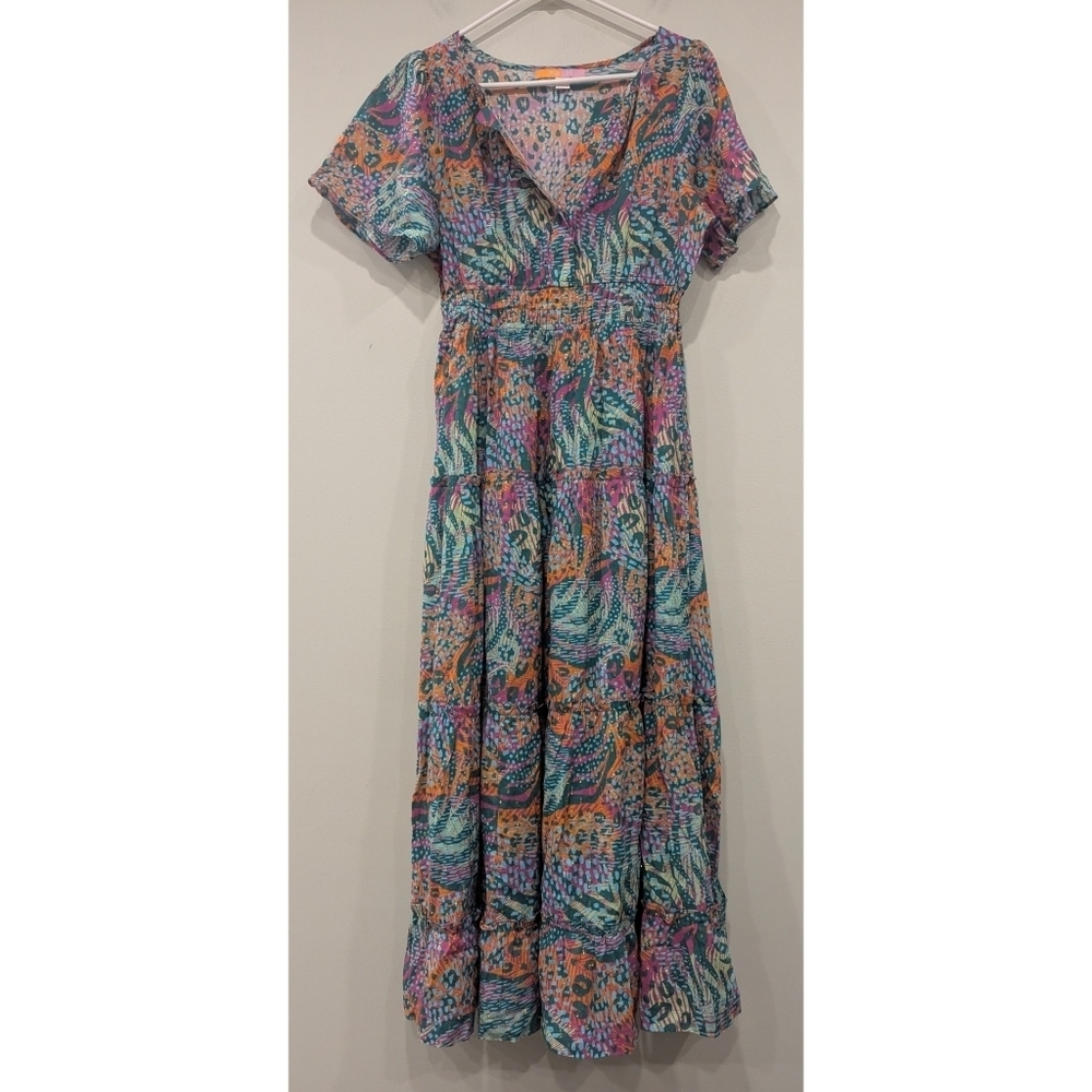 Briton Court Multicolor V-neck Cotton Midi Dress Size Medium
